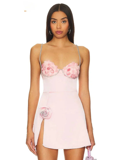 3D Flower Spaghetti Strap Party Mini Dress