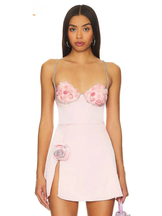 3D Flower Spaghetti Strap Party Mini Dress