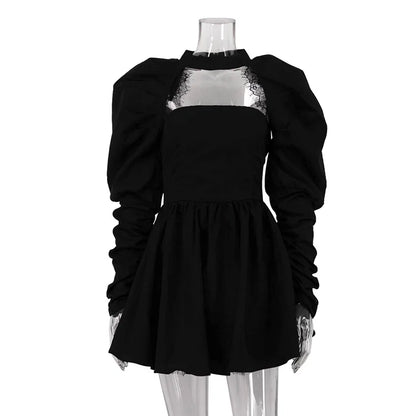 Puff Long - sleeved Black Mini Dress