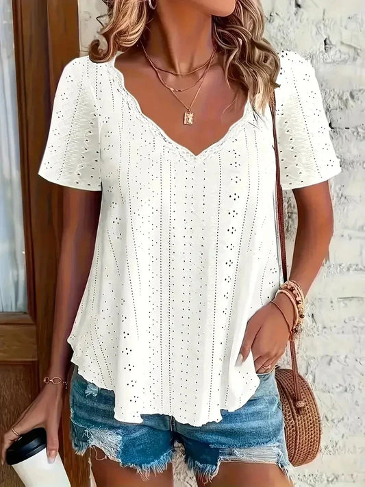 Eyelet Solid Vneck Tshirt