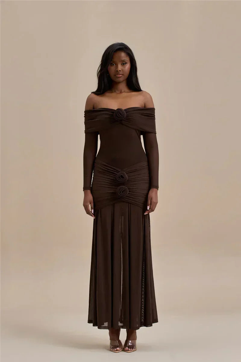 Off - shoulder Strapless Rose Long Sleeve Dress