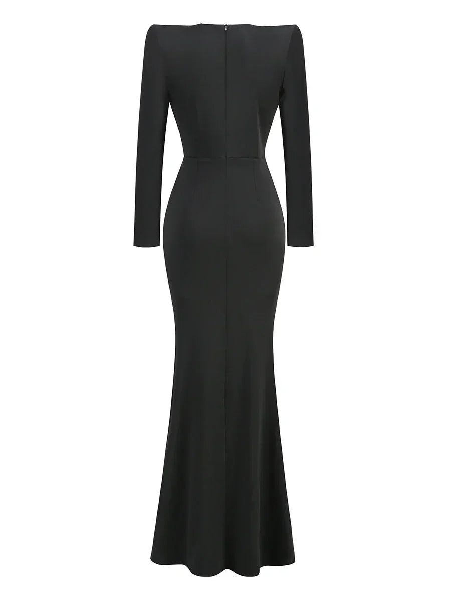 Deep V Neck Black Rhinestone Floor Long Dress