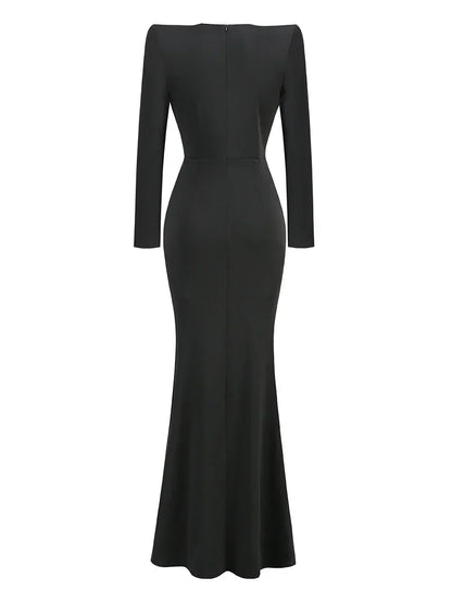 Deep V Neck Black Rhinestone Floor Long Dress