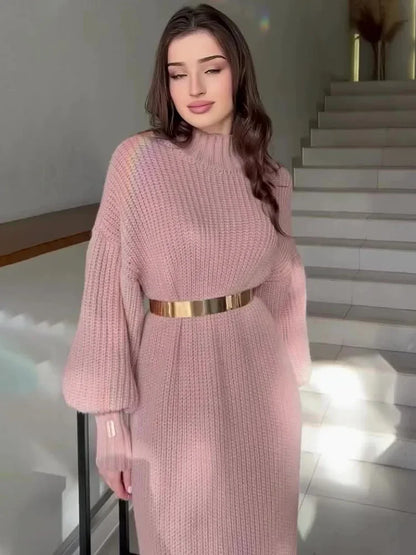 Turtleneck Pullover Solid Sweater Dress With Belt