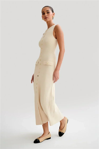 Knit Maxi Dress with Pockets Button - Front