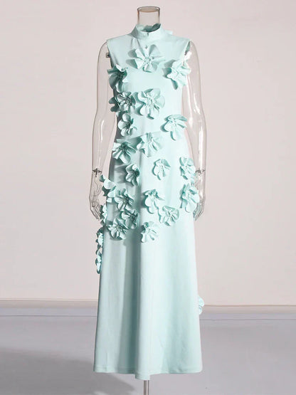 3D Flower Appliqué Mock Neck Midi Dress