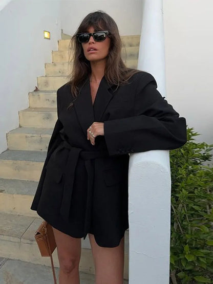Lace - up V Neck Solid Blazer Dress