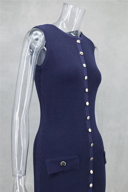 Knit Maxi Dress with Pockets Button - Front