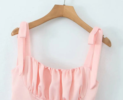 2025 Pleated Design Tie up Sleeveless Summer Dresses Women Solid Color Slim Fit Mini Dress Simple Fashion Party Dress