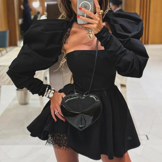 Puff Long - sleeved Black Mini Dress