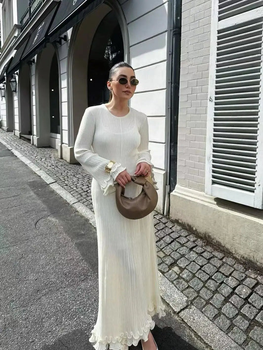 Autumn Ladies Elegant Flared Sleeve Knitted Dress Women Fashion Crew Neck White Slim Robes Summer Female Party Dresses