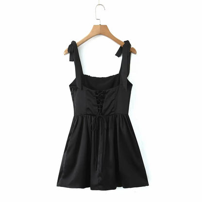 2025 Pleated Design Tie up Sleeveless Summer Dresses Women Solid Color Slim Fit Mini Dress Simple Fashion Party Dress
