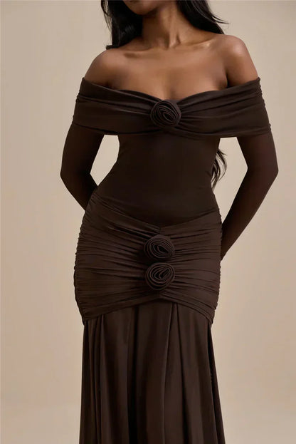 Off - shoulder Strapless Rose Long Sleeve Dress