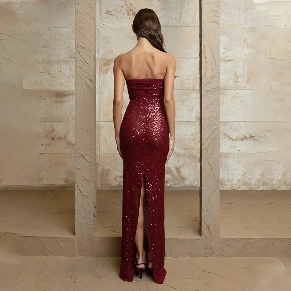 Strapless Sequin Slit Backless Dress