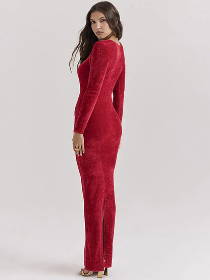 Red Long Sleeve Side Slit Dress