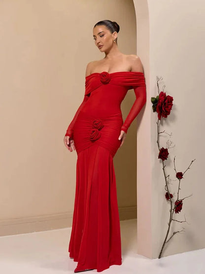 3D Flower - appliqué Mesh Long Sleeve Fishtail Maxi Dress