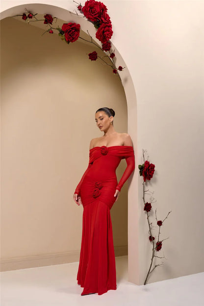 Off - shoulder Strapless Rose Long Sleeve Dress