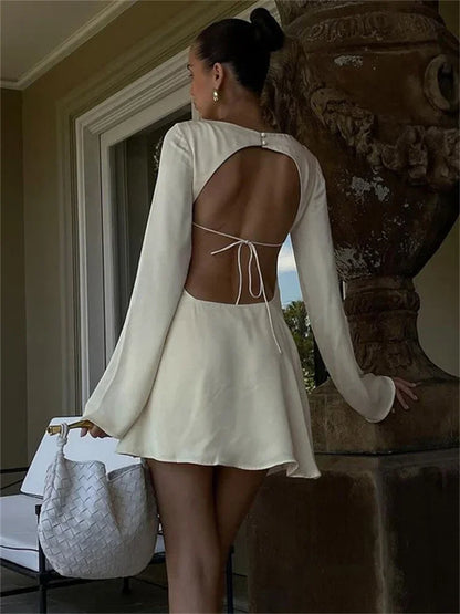 Elegant Backless Lace - Up Satin Party Mini Dress