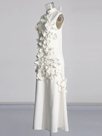 3D Flower Appliqué Mock Neck Midi Dress