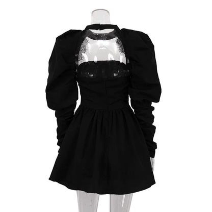 Puff Long - sleeved Black Mini Dress