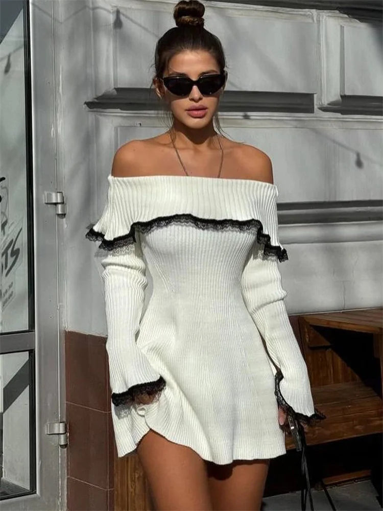 Knit Off Shoulder Sweater Mini Dress Women's Lace Patchwork Ribbed Slim Backless Elegant Party Dress Knitwear Mini Dress