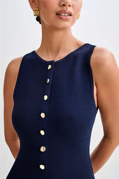 Knit Maxi Dress with Pockets Button - Front