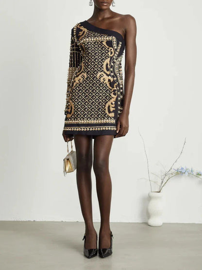 Printed Diagonal Neck Off One - Shoulder Patchwork Bead Dress