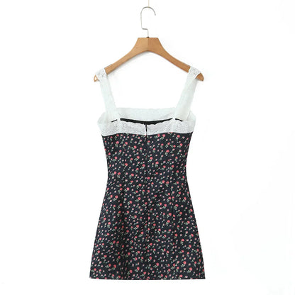Flower Print Embroidery Lace Slash Collar Mini Dress