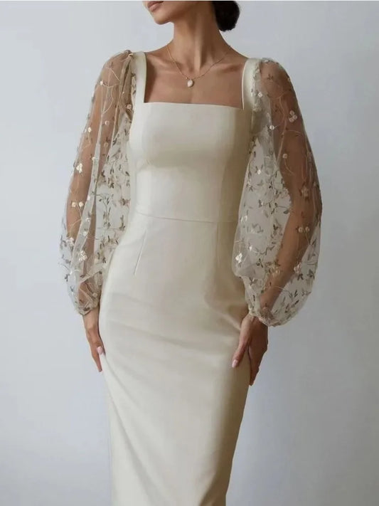 Alfonsine Premium Evening and Party Dress with Square Neckline and Long Sleeves Statement Occasion Edit