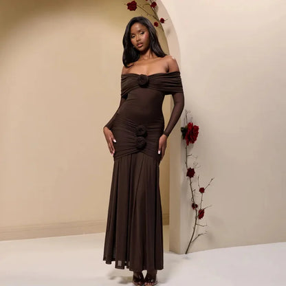 3D Flower - appliqué Mesh Long Sleeve Fishtail Maxi Dress