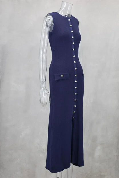 Knit Maxi Dress with Pockets Button - Front