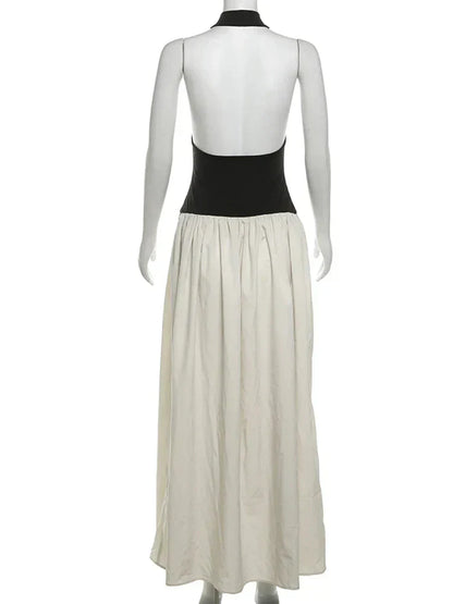 Contrast Patchwork Halter Backless Long Bodycon Dress