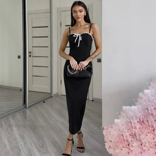 Open Back Lace Patchwork Black Maxi Dress