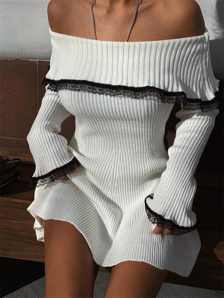 Knit Off Shoulder Sweater Mini Dress Women's Lace Patchwork Ribbed Slim Backless Elegant Party Dress Knitwear Mini Dress