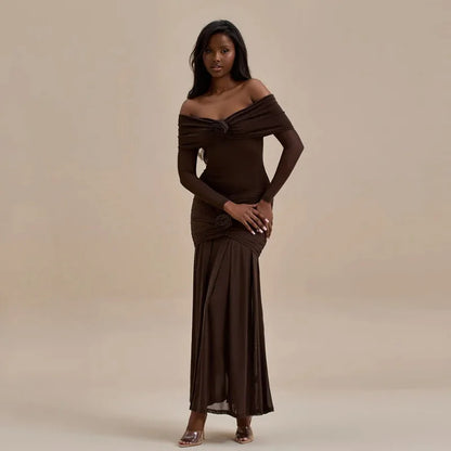 3D Flower - appliqué Mesh Long Sleeve Fishtail Maxi Dress