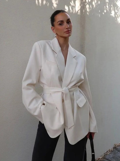Lace - up V Neck Solid Blazer Dress