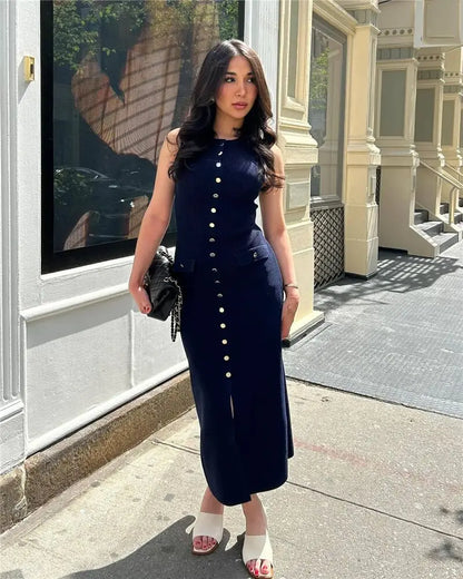 Knit Maxi Dress with Pockets Button - Front