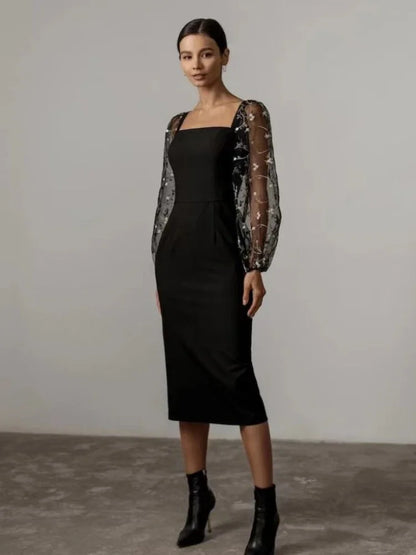 Alfonsine Premium Evening and Party Dress with Square Neckline and Long Sleeves Statement Occasion Edit