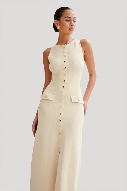 Knit Maxi Dress with Pockets Button - Front