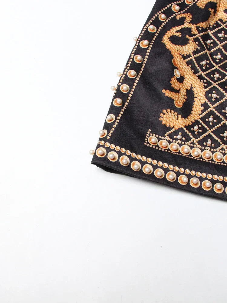 Printed Diagonal Neck Off One - Shoulder Patchwork Bead Dress