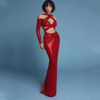 Luxury V - Neck Slit Evening Dress â€?Floral Hem Party Elegance