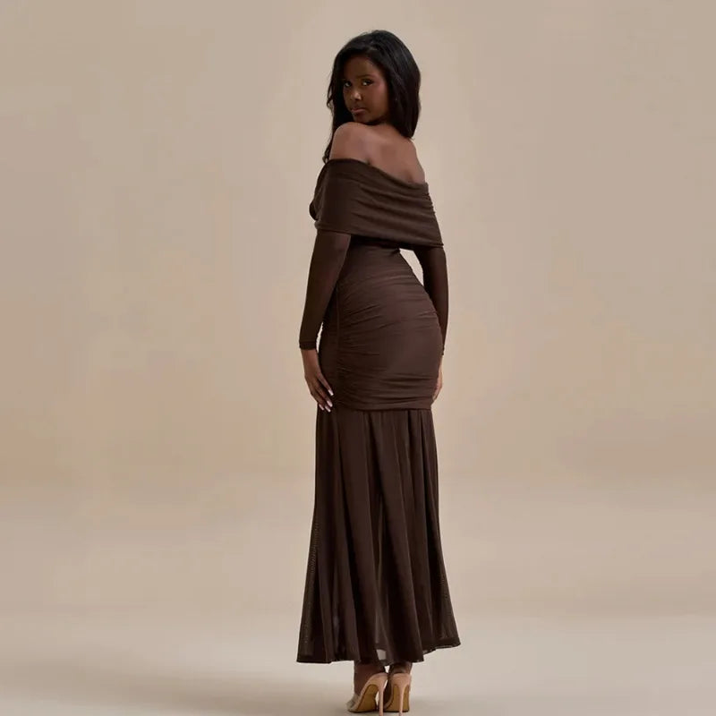 3D Flower - appliqué Mesh Long Sleeve Fishtail Maxi Dress