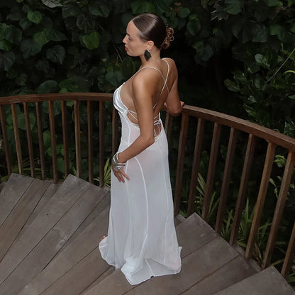 Mesh White Spaghetti Strap Hollow Out Dress