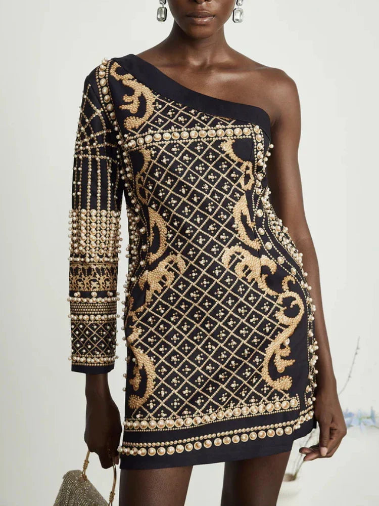 Printed Diagonal Neck Off One - Shoulder Patchwork Bead Dress