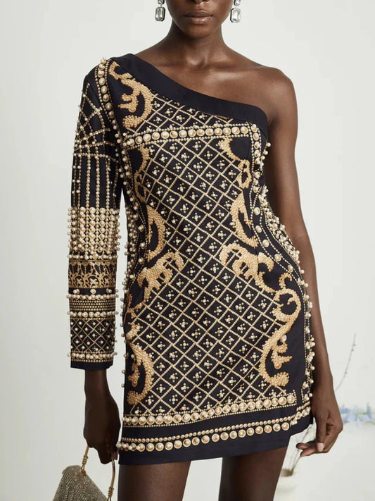 Printed Diagonal Neck Off One - Shoulder Patchwork Bead Dress