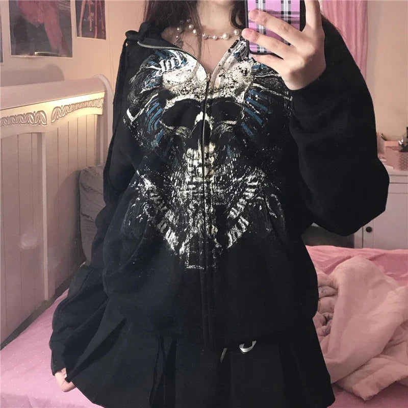 Skull Print Fairy Grunge Hoodie