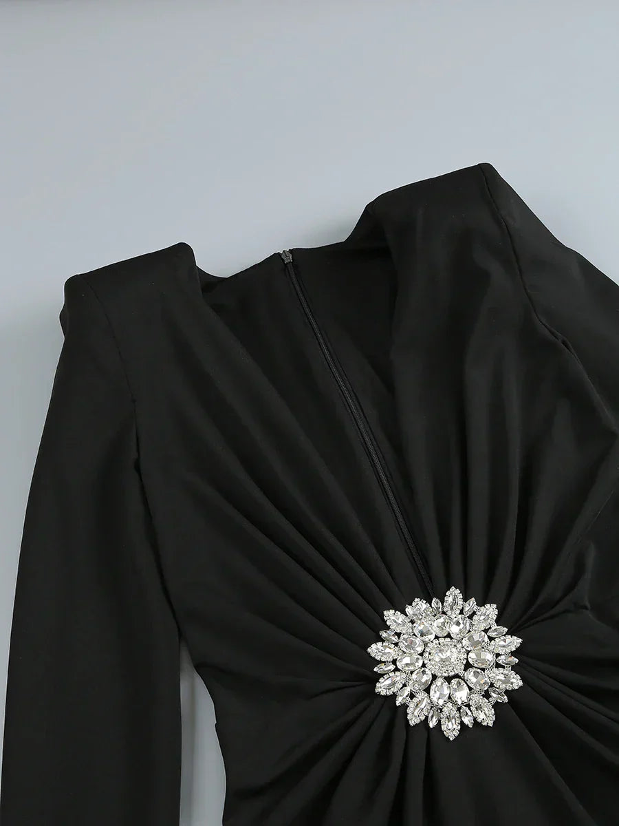 Deep V Neck Black Rhinestone Floor Long Dress
