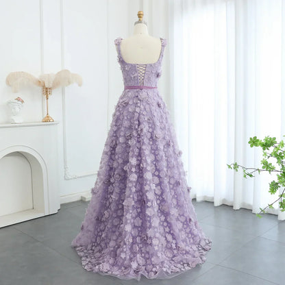 Lilac 3D Embroidered Flowers High Slit Evening Dress