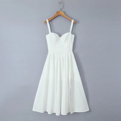 Wire Corset Style Low Waist White Midi Dress