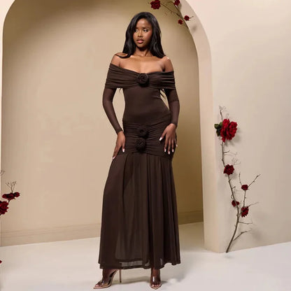 3D Flower - appliqué Mesh Long Sleeve Fishtail Maxi Dress